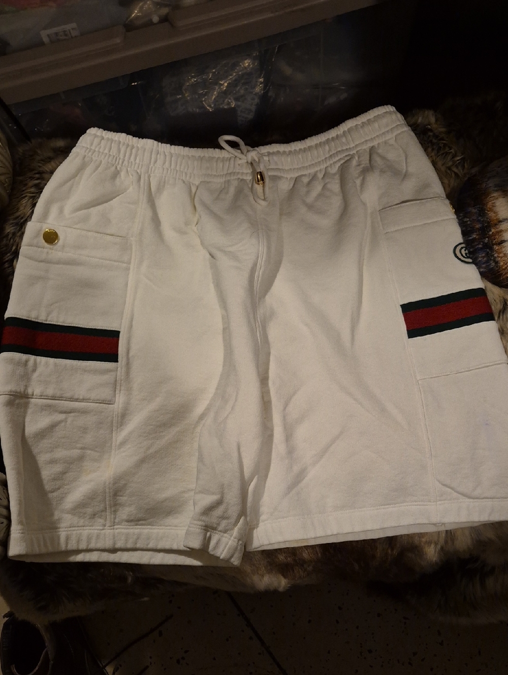 Gucci White Athletic Shorts with Red and Green Stripe